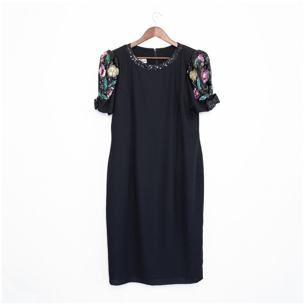 Vintage Beaded Sequin Cocktail Dress L Black Floral Sleeve Evening Glam Party - Picture 2 of 15